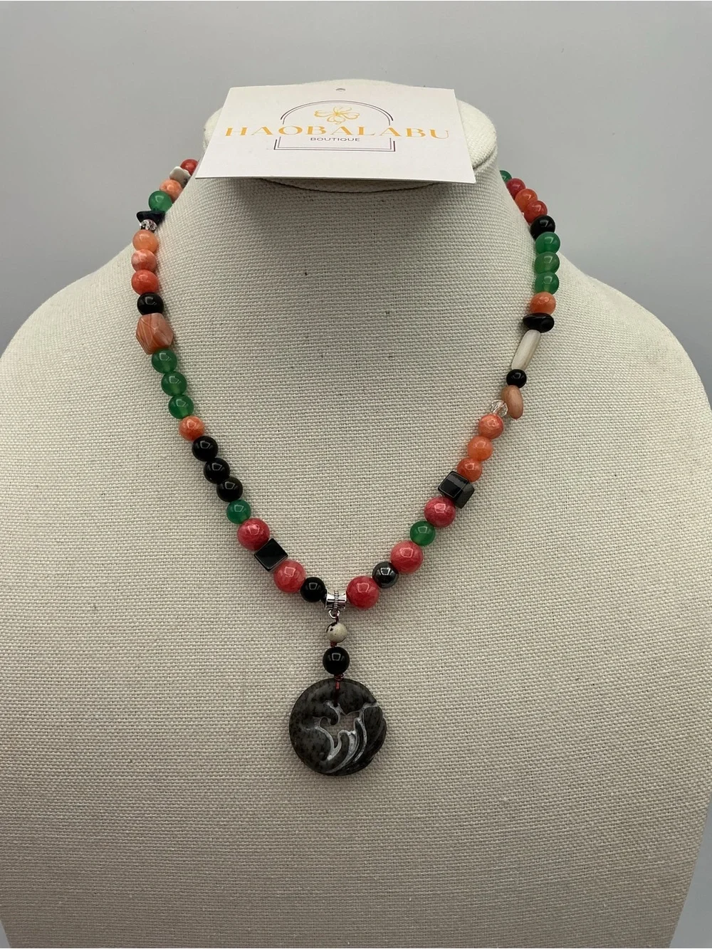 Multicolor Beaded Jade Pendant Necklace - Sterling Silver 925 Accents